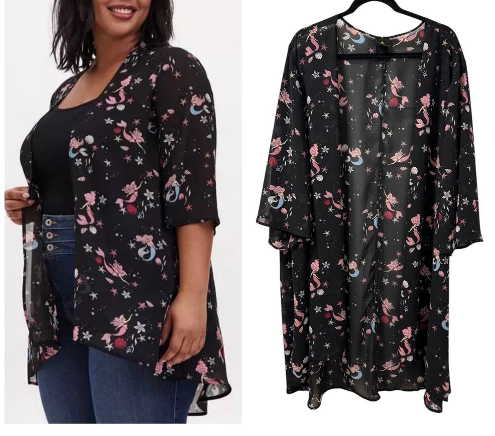 Torrid Plus Size 1/2 Disney Little Mermaid Ariel Kimono Open Front Top Blouse